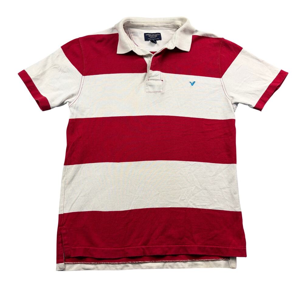 Y2K American Eagle Polo Shirt Men's Small White Red Stripes 100% Cotton